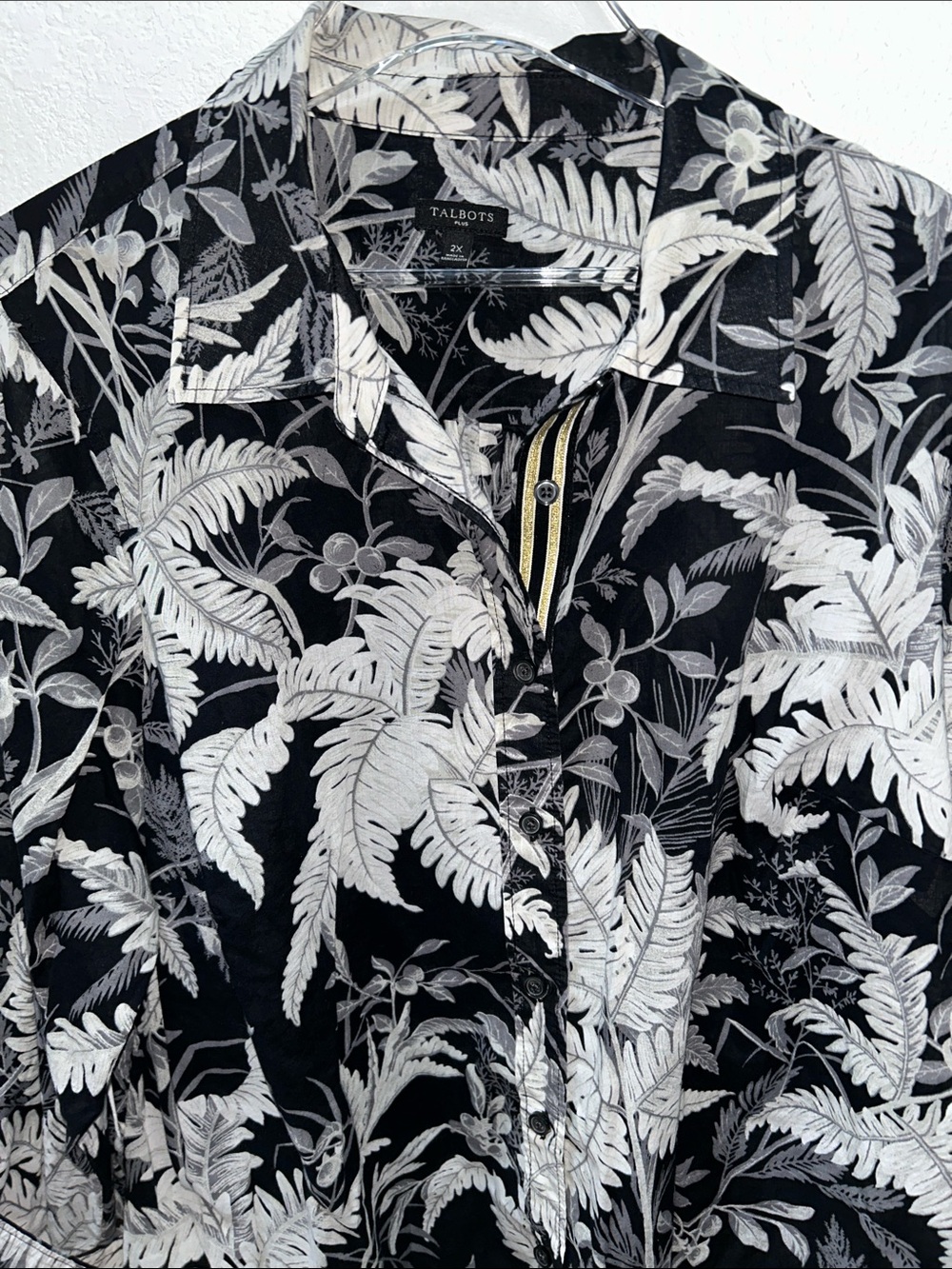 Talbots Plus Black Grey Leaf Print Long-Sleeve Button-Down Shirt sz 2X in EUC
